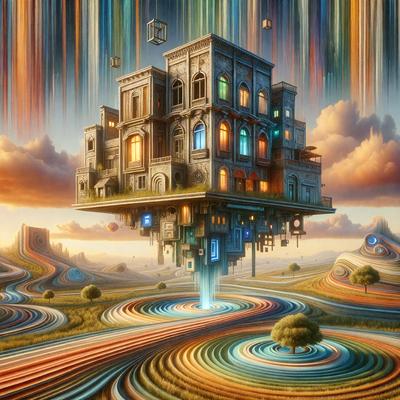 The primary subject of the image is a large, colorful building with many windows. The building is situated on top of a spiral, which adds a sense of movement and dynamism to the scene. The setting is a sky filled with clouds, creating a backdrop for the building. The visual style of the image is a combination of digital art and illustration, giving it a unique and vibrant appearance. The colors and mood of the image are predominantly bright and lively, with the spiral and the building's vivid colors contributing to the overall atmosphere.